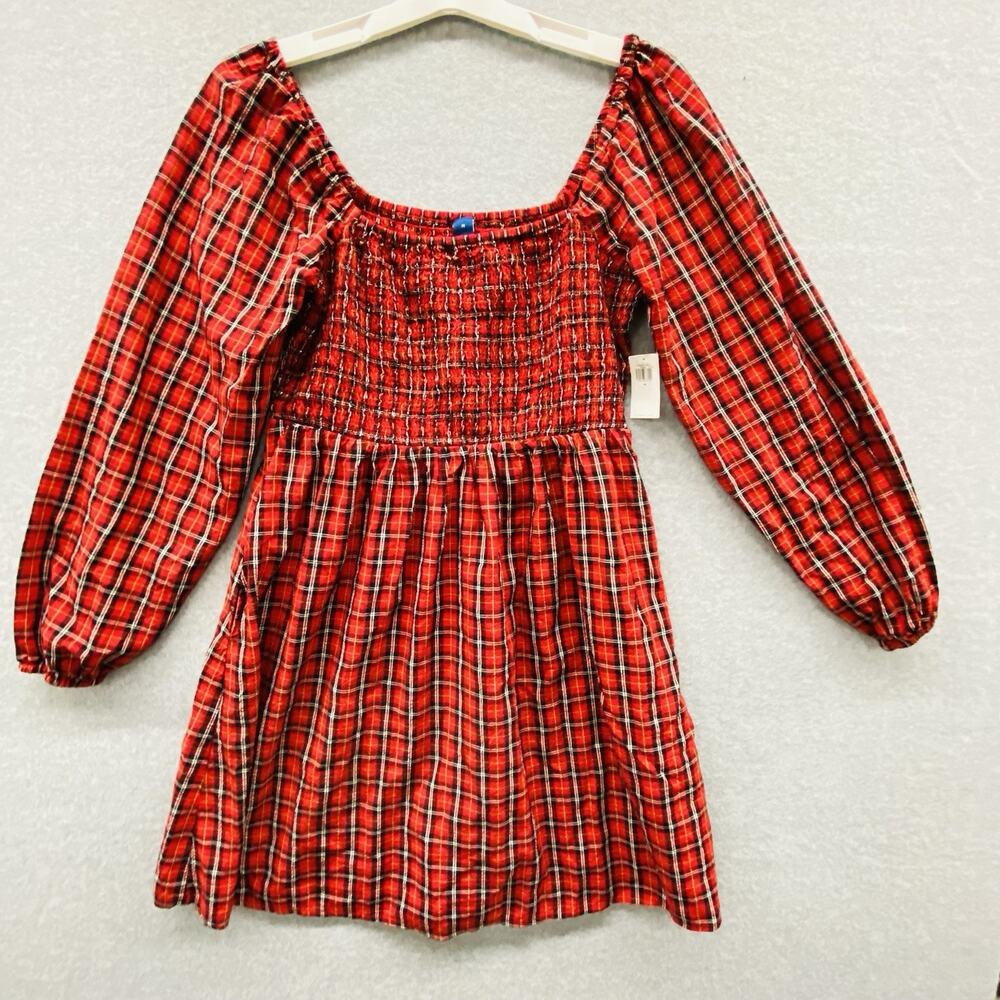 Old Navy Dress Large Royal Stewart Tartan Smocked Babydoll Long Sleeve Red Black